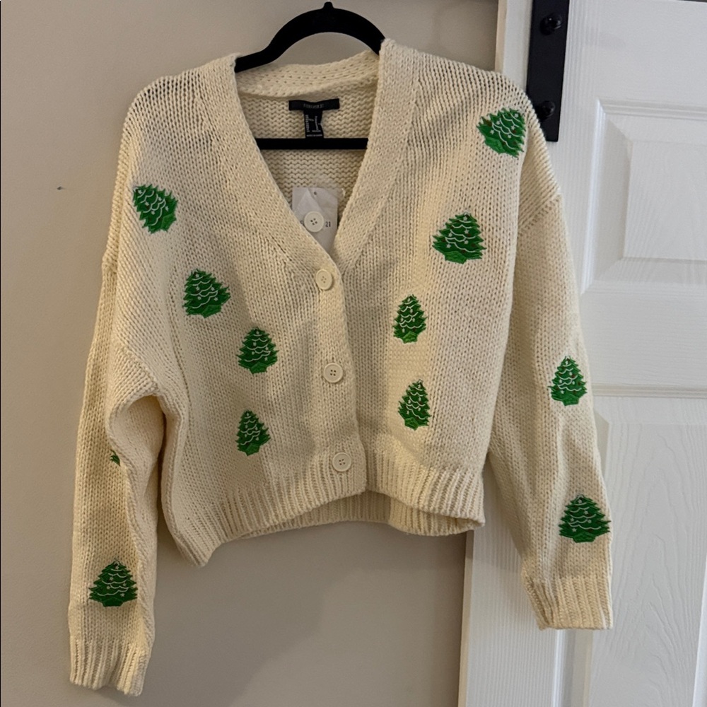 Forever 21 Cream Cardigan with Green Tree Pattern